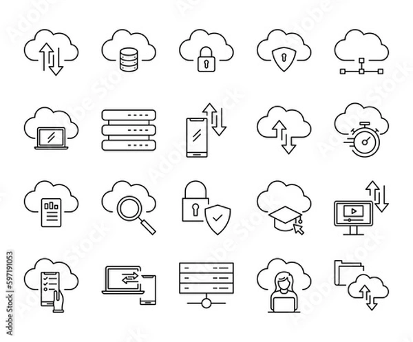 Fototapeta Set of cloud computing with editable stroke line icons. data network digital technology vector illustrations.	