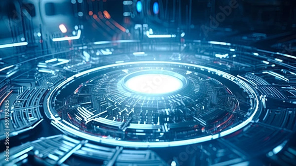 Fototapeta Hologram portal. Futuristic portal. Teleport podium with hologram effect. High tech futuristic technology design. Sci-fi technology and robotics. Ai Generative