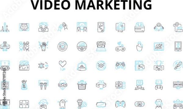 Fototapeta Video marketing linear icons set. Promotion, Advertising, Engagement, Storytelling, Conversion, Branding, Outreach vector symbols and line concept signs. Visibility,Content,Viral illustration