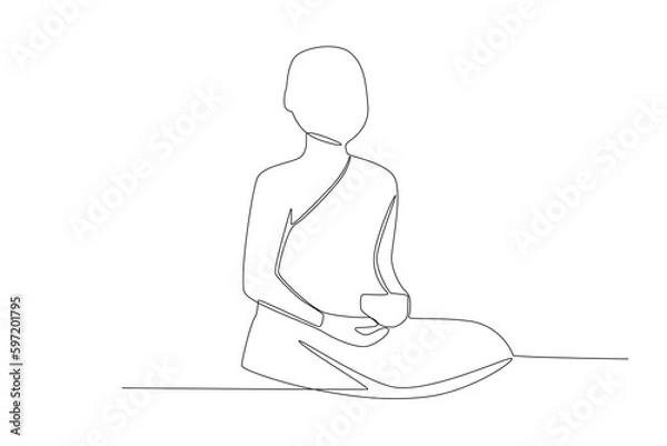 Fototapeta A monk sits in meditation. Monk one-line drawing