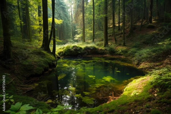 Fototapeta A small green pond in a forest. Created with Generative AI.