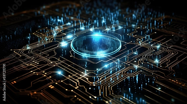 Obraz A computer circuit board with a blue circle on the center. Futuristic network background. Generative AI