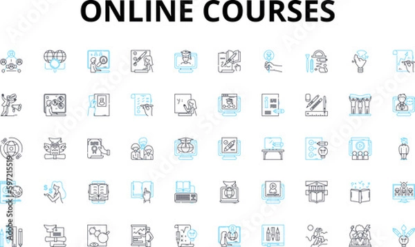 Obraz Online courses linear icons set. E-learning, Virtual, Distance, Web-based, Remote, Digital, Cyber vector symbols and line concept signs. Internet,Interactive,Cloud-based illustration