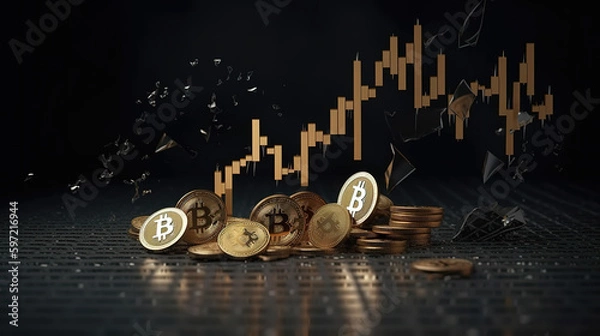 Fototapeta a lot of bitcoin coins in front with trading signals in the beackground, golden color, generative ai technology
