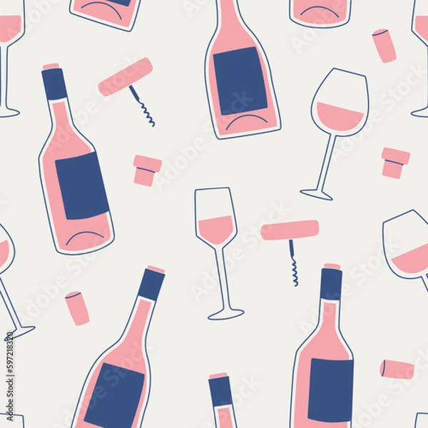 Obraz Vector seamless pattern with wine bottle, glass, corkscrew and corks. Print for design.