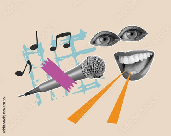 Fototapeta Pop art collage with megaphone and grunge singer. Retro composition. Club party poster, podcast, karaoke, magazine. Y2K, 80s, 90s style. Psychedelic, surreal art. Lips and eyes in parted