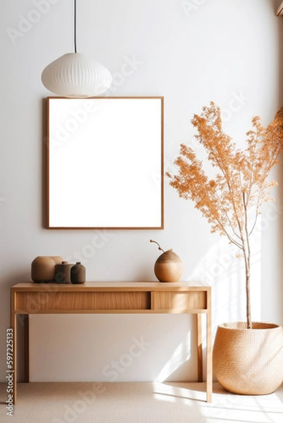 Fototapeta The blank photo frame is hung on a plain white wall, creating a minimalist look