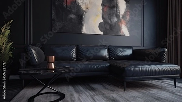 Fototapeta Black leather sofa where you long for every afternoon after a tiring day at work. Generative AI Technology 