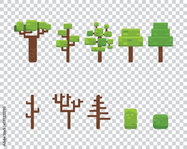 Obraz Set of original trees. Cartoon, game, trees isolated on transparent background. Flat. Vector illustration