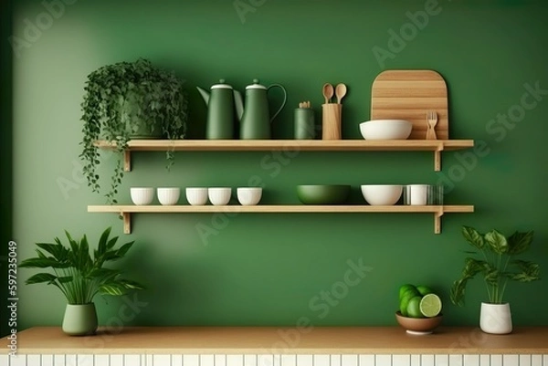 Fototapeta Mur vert avec étagère en bois dans la salle de cuisine. Ai générative 