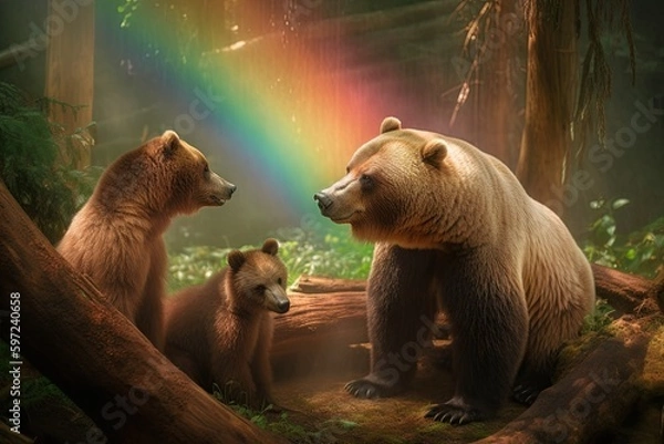 Fototapeta Bear mom protecting her babies in a magical forest with a rainbow. Protection and maternal instinct. Ursus arctos species. AI-generated.