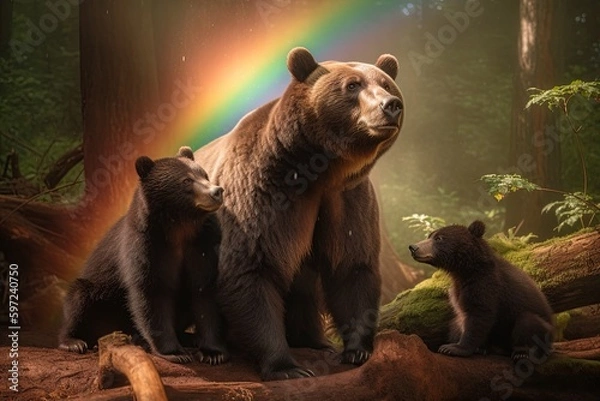 Fototapeta Bear mom protecting her two babies in a magical fairy forest with a rainbow, it represent the beauty and harmony of nature and environment conservation. AI-generated.