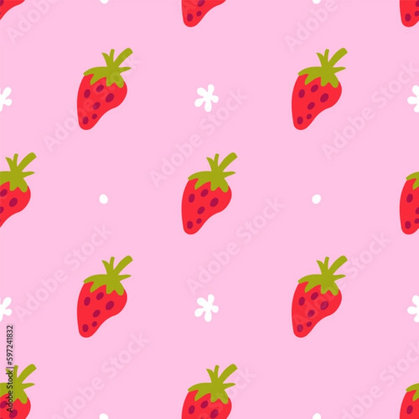 Fototapeta Strawberry vector seamless pattern on pink background. Cute doodle design with hand drawn berry for wallpaper, textile, wrapping paper print