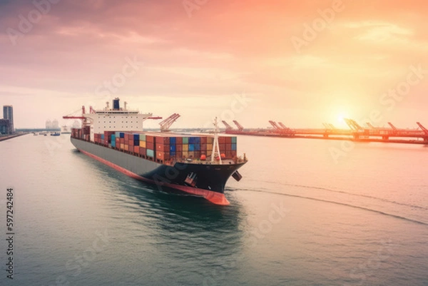Obraz Container ship carrying container box in import export with quay crane