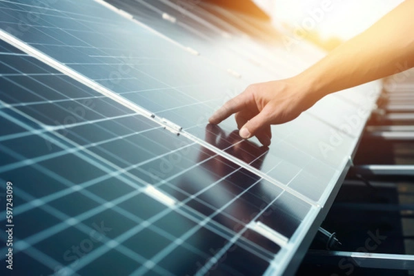 Obraz The image of a male worker's hands in gloves installing solar panels on a roof illustrates the use of alternative energy sources and promotes the ecological concept of harnessing the power of the sun 