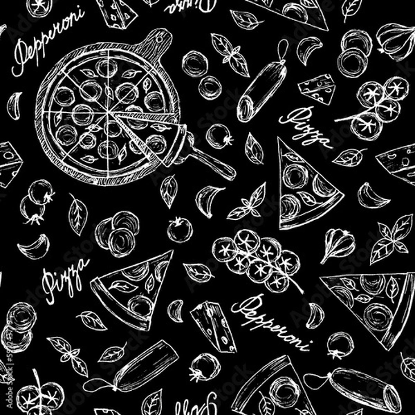 Obraz Hand illustrated seamless pattern with pepperoni pizza slices, round on a tray, tomatoes, salami, basil and garlic.Handwritten word "pepperoni pizza".Fast street food background.