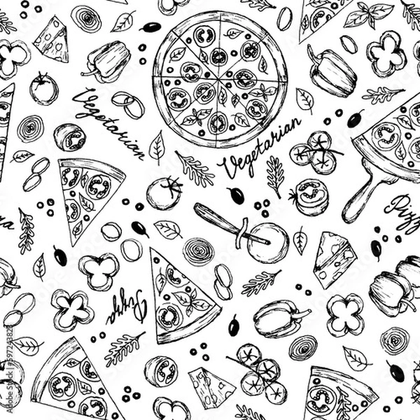 Obraz Seamless pattern of hand drawn line art black vegetarian pizza ingredients: bell pepper, tomatoes, cheese, onion, olive, basil.Pizza wheel and slices of fast food on white background