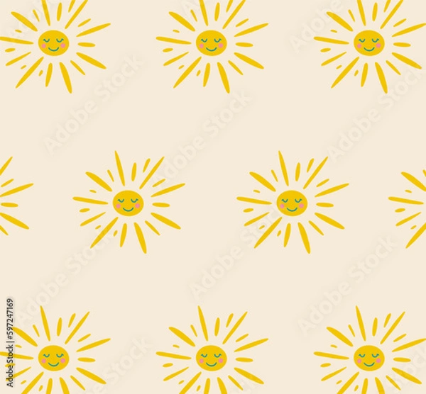 Fototapeta Hand drawn cute sun pattern in groovy style. Stylish design for wallpaper, phone covers and social media.