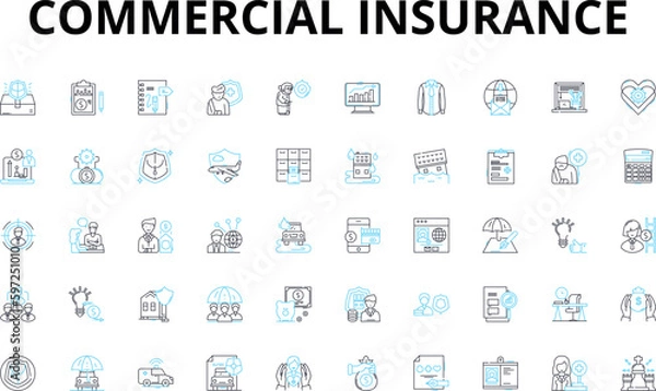 Fototapeta Commercial insurance linear icons set. Protection, Liability, Property, Business, Risk, Policy, Coverage vector symbols and line concept signs. Premium,Claims,Damage illustration Generative AI