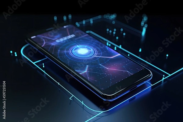 Obraz Smartphone on technology background. Neon glowing mobile phone on abstract dark background. Futuristic network connection. Created with Generative AI
