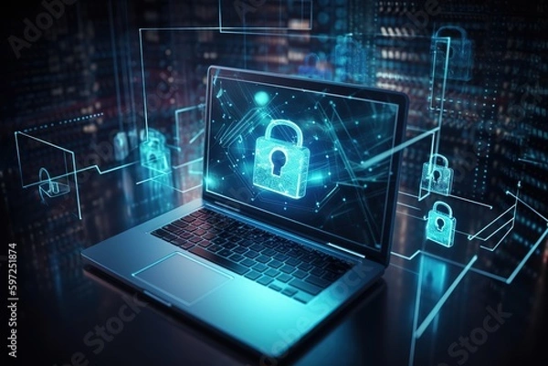 Fototapeta Cyber security, data protection, cyberattacks concept on blue background. Database security software development. Online security concept. Laptop protected with shield. AI