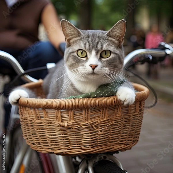 Fototapeta A cute image of a cat sitting in a bicycle basket on the back of a bike with people walking by in the background. Generative Ai