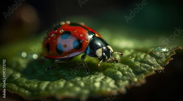 Fototapeta Tiny ladybug crawls across leaf with red and black colors.