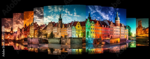 Fototapeta Photographic collage of Polish architecture, monuments, landscapes and culture. Harmony of bright colors and lights inviting to discover the country. Generative AI