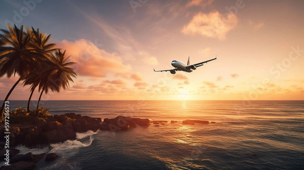 Fototapeta Airplane flying above tropical sea at sunset, generative ai