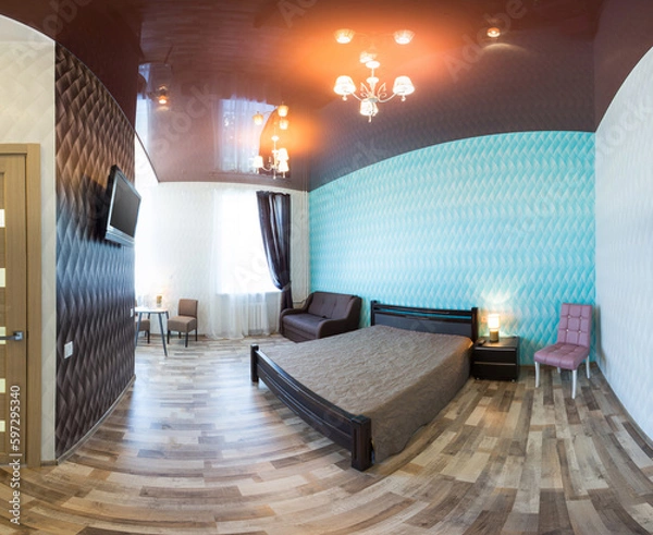 Obraz Panoramic photo of the interior of a one-room apartment with kitchen