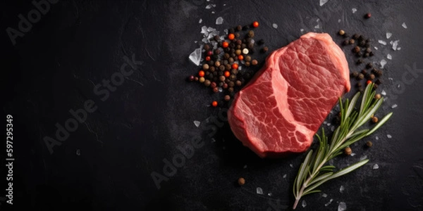 Fototapeta Big Slate Background with Raw Steak on the Bottom Left