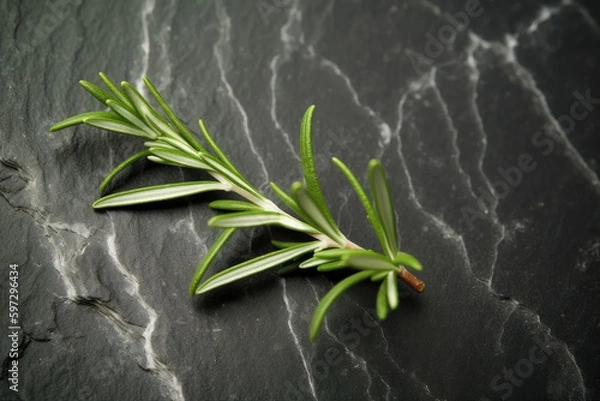 Fototapeta Bright slate background with rosemary in top left corner.