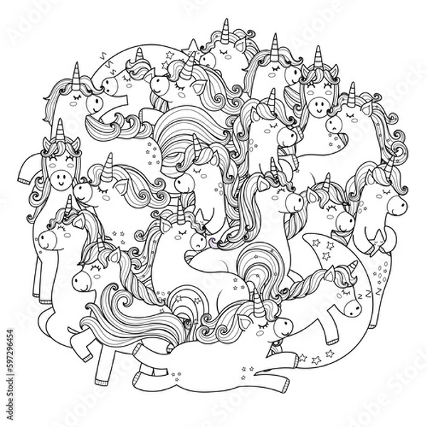 Fototapeta Doodle unicorns circle shape coloring page. Cute mandala with funny fairy tale characters for coloring book. Outline background. Vector illustration