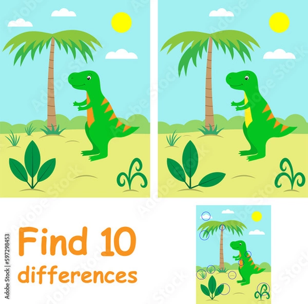 Fototapeta Educational game for kids. Find 10 differences. Illustration with dinosaur and palm tree.