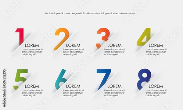 Obraz Modern vector flat illustration. Line infographic numbers template with eight elements, icons. Timeline designed for business, presentations, web design, interface, diagrams with 8 step multi colors