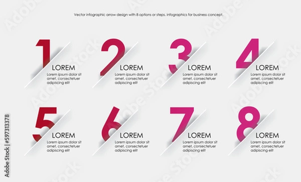 Obraz Pink Vector infographic illustration. Line infographic numbers template with eight elements. Timeline designed for business, presentations, web design, interface, diagrams with 8 step