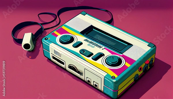 Fototapeta Walkman design retro style background. Futuristic Vintage walkman, game 90s. Generative AI.