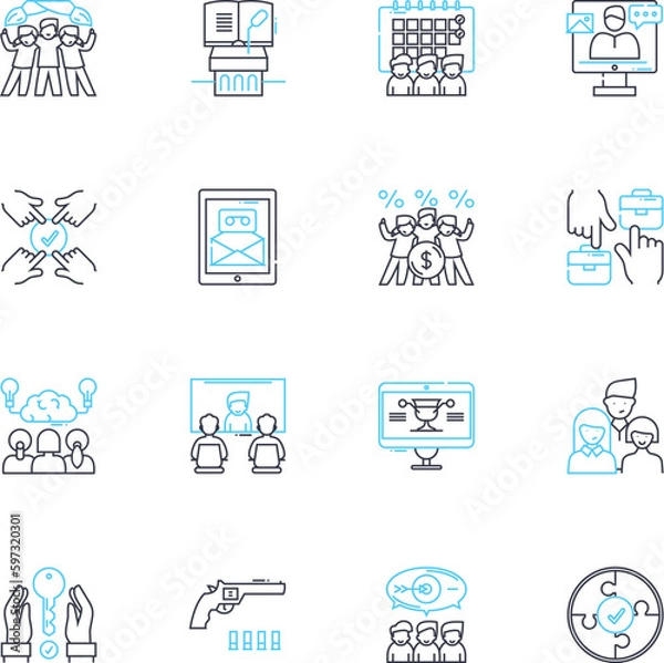 Fototapeta Conference linear icons set. Nerking, Speakers, Education, Sessions, Venue, Program, Registration line vector and concept signs. Keynote,Workshop,Discussion outline illustrations
