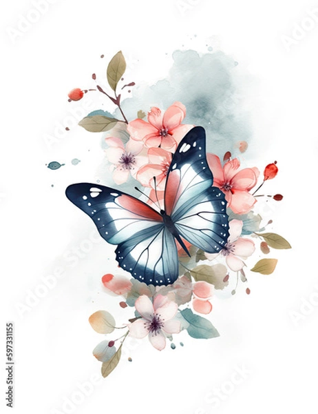 Obraz Butterfly, asian style, flowers, pastel colors, digital prints, digital assets, watercolor. Generative AI.