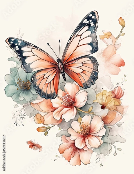 Obraz Butterfly, asian style, flowers, pastel colors, digital prints, digital assets, watercolor. Generative AI.