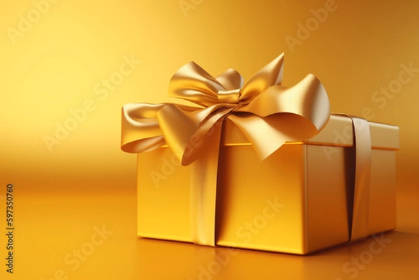 Fototapeta Golden Gift Box with Satin Ribbon and Bow on Yellow Background, Generative AI	
