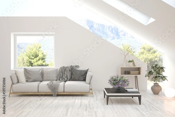 Obraz Modern interior concept with sofa and summer landscape in window. 3D illustration