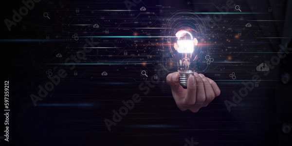 Obraz Businessman showing data access protection with key icon ,cybersecurity and privacy concept of data protection ,Authentication to unlock the security system ,Protecting data from theft