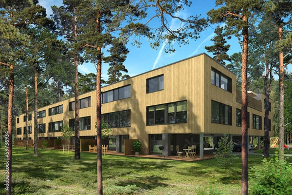 Obraz Rendering of a modern terraced houses in pine trees
