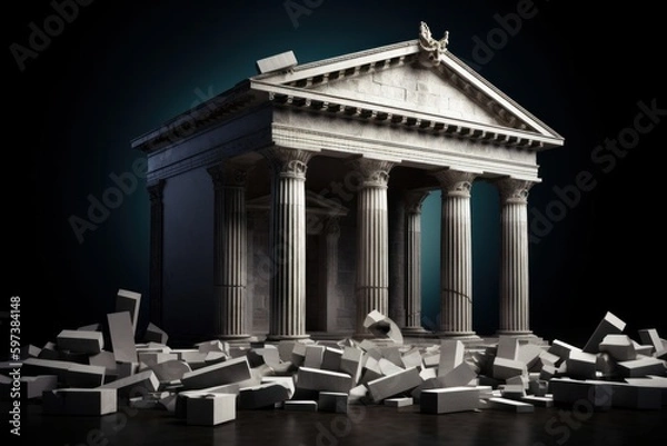 Fototapeta Collapsing financial systems, banking crises, recession, bank runs, interest rates increase, inflation, unemployment, stagnation, bankruptcy, insolvency, image with destroyed bank, generative Ai