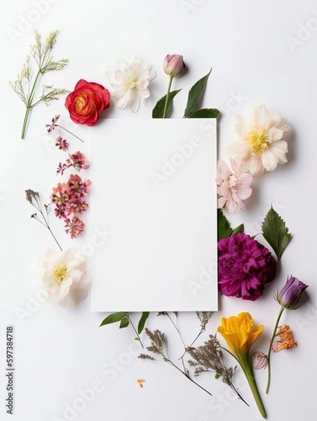 Fototapeta Vertical top view blank card with flowers Abstract organic flowers Blooming floral on white background for invitation card