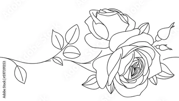 Obraz Abstract seamless decorative horizontal border element with rose and leaf. Beautiful blossoming hand drawn flower on white background. Line art for frame design. Vector stock illustration	