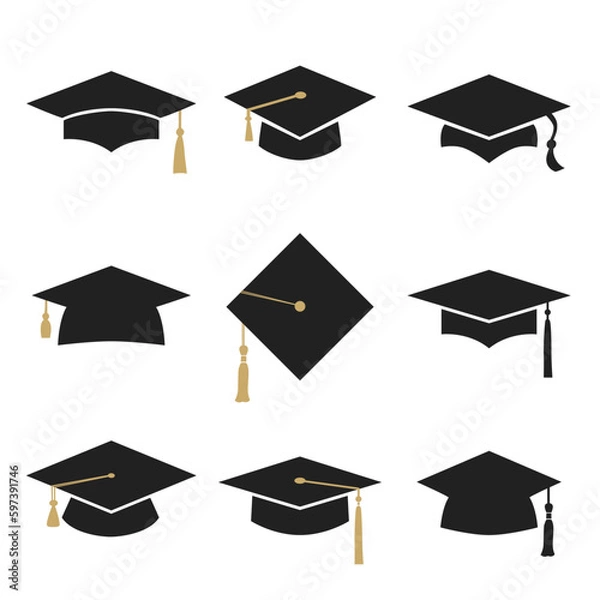 Fototapeta Graduation flat hats icons. Vector set