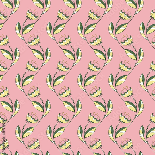 Fototapeta Seamless retro pattern with fantastic flowers, floral ornament on a pink background. Fantastic print, handmade elements. Home decor. For textiles.
