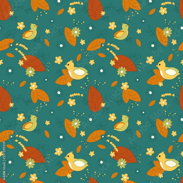 Fototapeta Vector seamless stylish summer pattern in cartoon style with leaves, flowers and birds on a dark green background. Can be used for printing, textile and packaging.